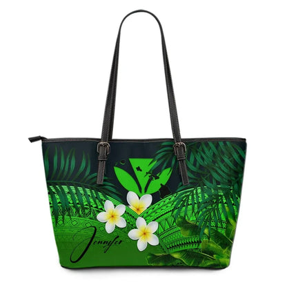 Custom Kanaka Maoli Hawaiian Leather Tote Bag, Polynesian Plumeria Banana Leaves Green Personal Signature