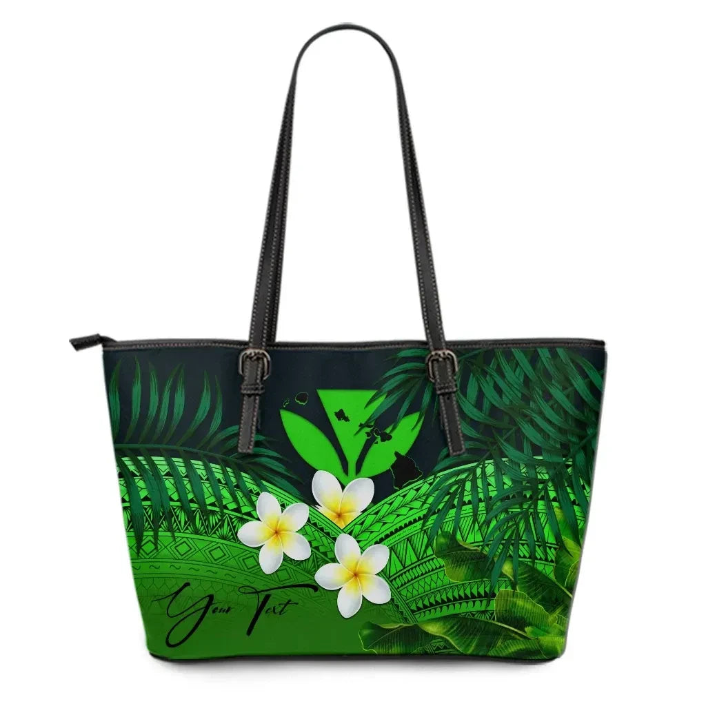Custom Kanaka Maoli Hawaiian Leather Tote Bag, Polynesian Plumeria Banana Leaves Green Personal Signature
