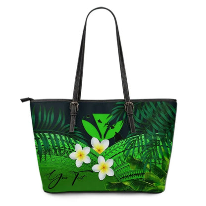 Custom Kanaka Maoli Hawaiian Leather Tote Bag, Polynesian Plumeria Banana Leaves Green Personal Signature