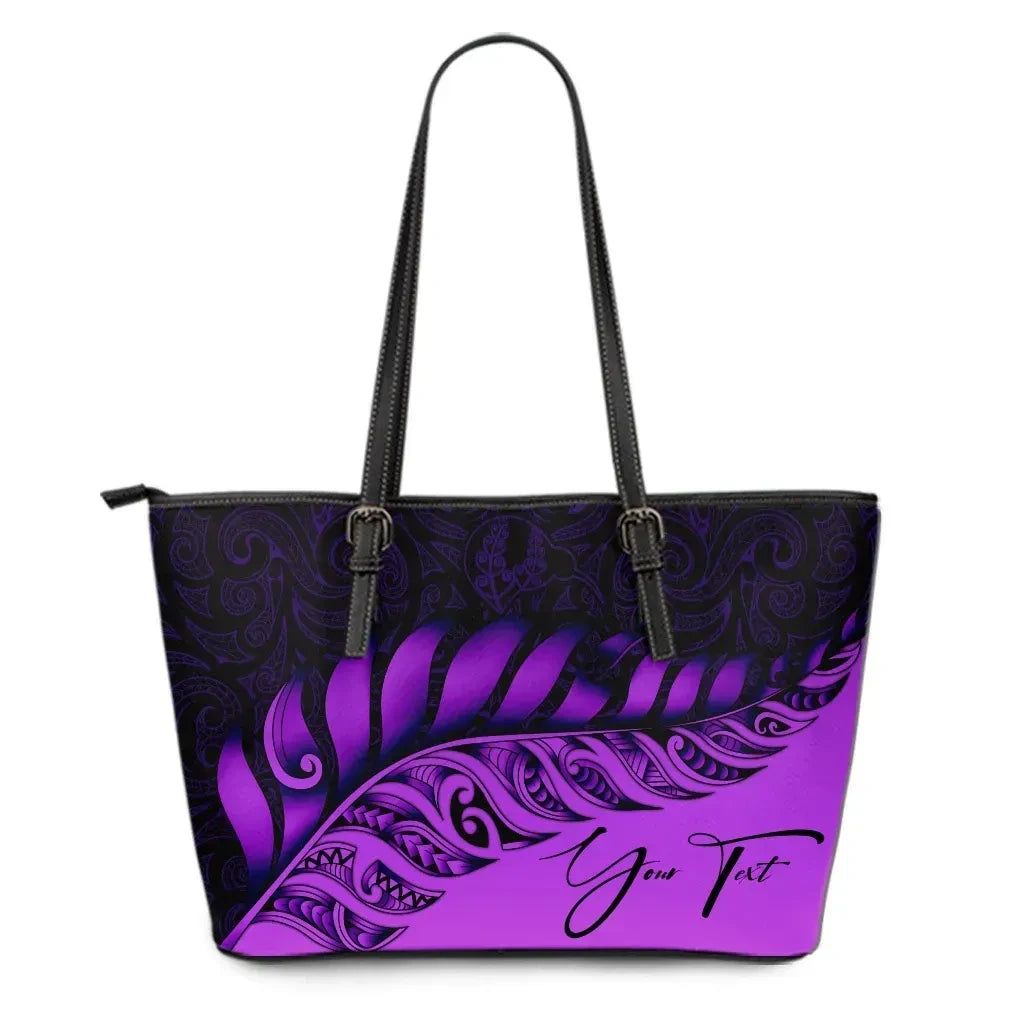 Custom New Zealand Leather Tote Bag Silver Fern Kiwi Personal Signature Purple
