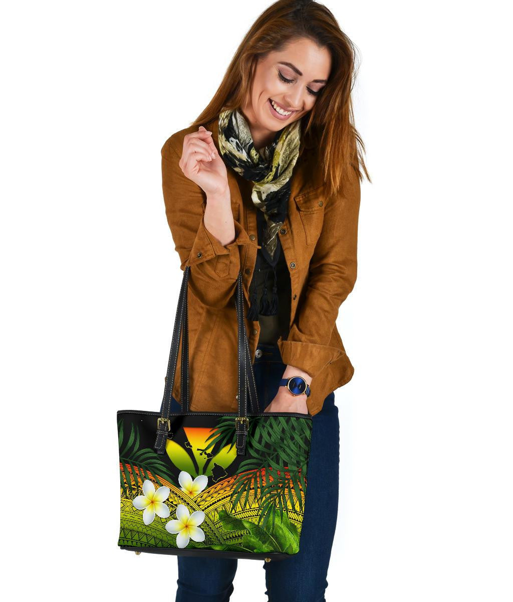 Kanaka Maoli Hawaiian Leather Tote Bag, Polynesian Plumeria Banana Leaves Reggae