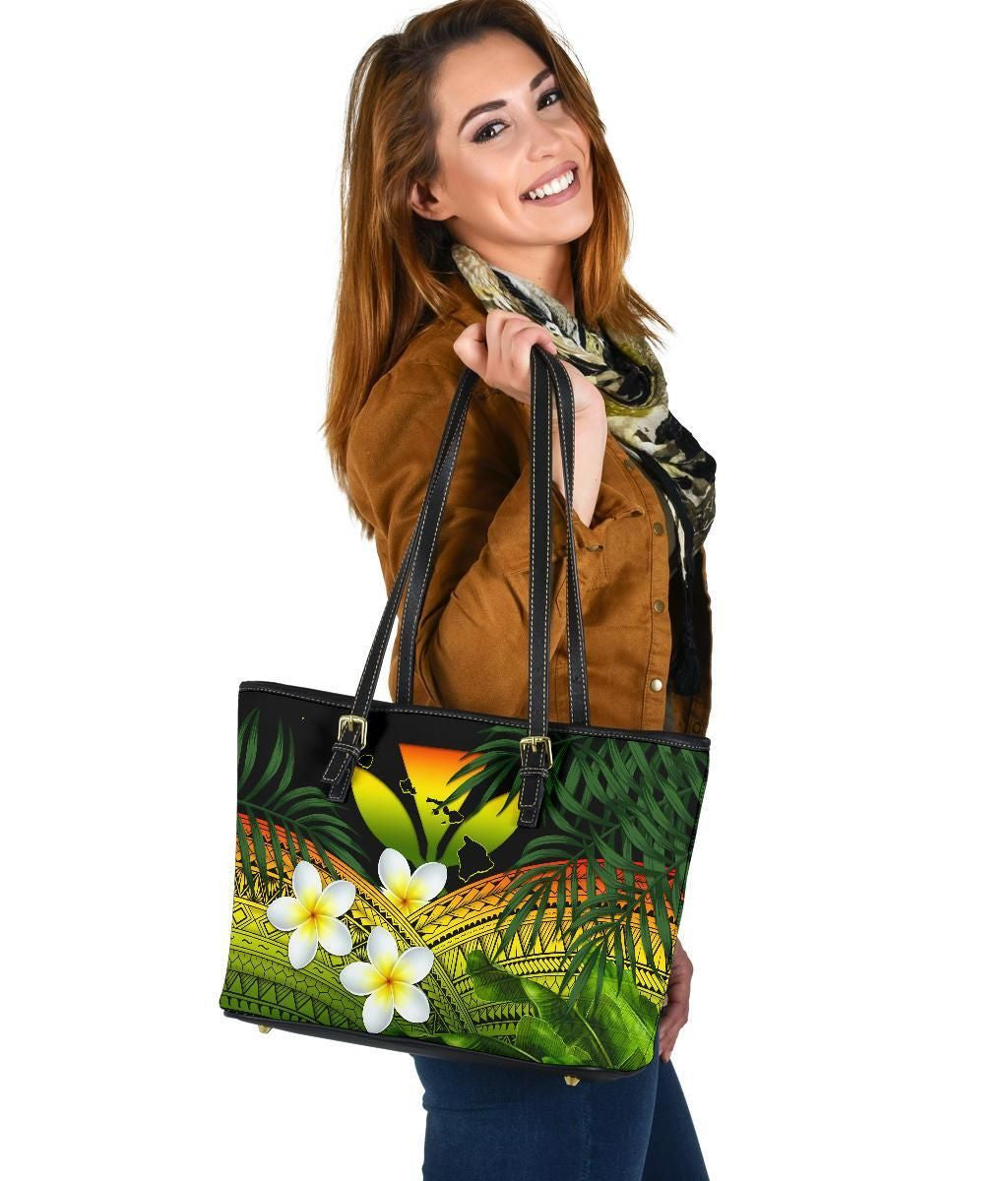 Kanaka Maoli Hawaiian Leather Tote Bag, Polynesian Plumeria Banana Leaves Reggae