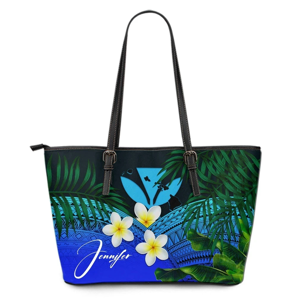 Custom Kanaka Maoli Hawaiian Leather Tote Bag, Polynesian Plumeria Banana Leaves Blue Personal Signature