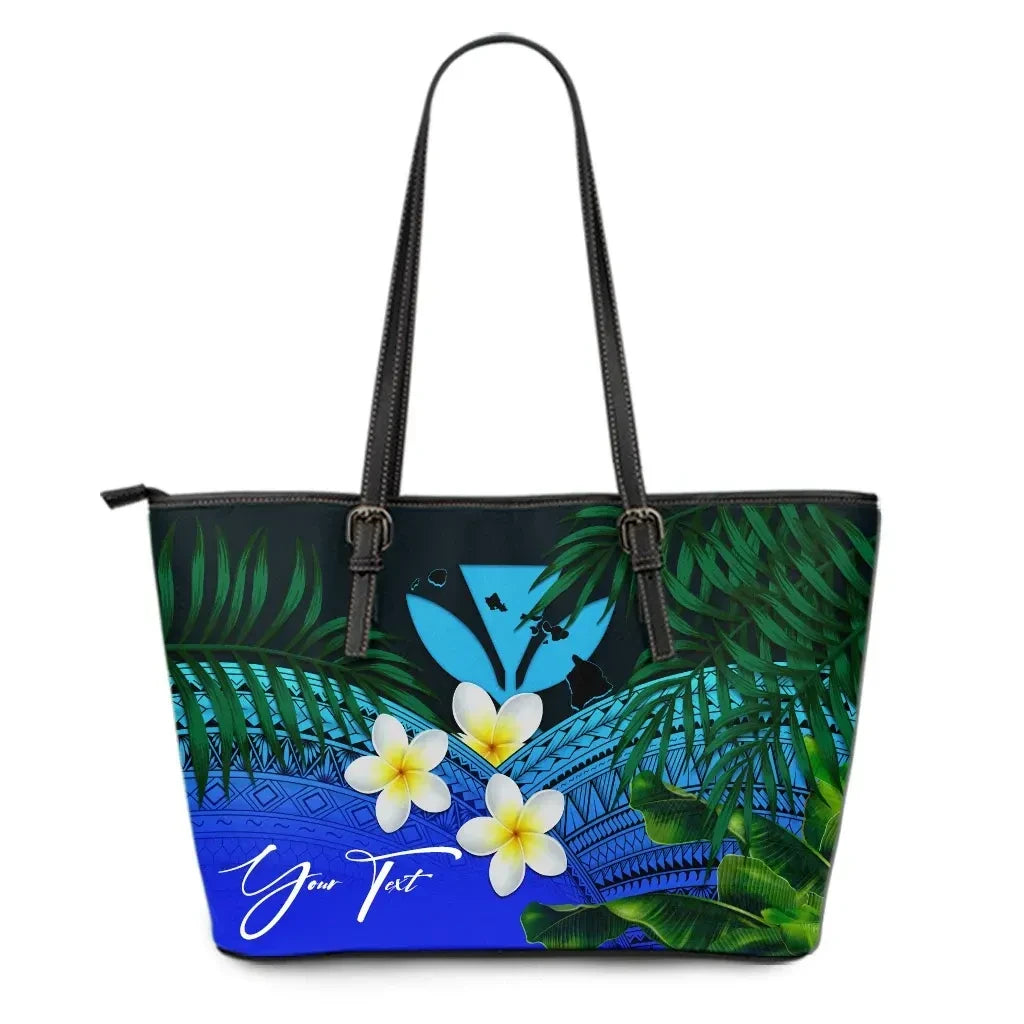 Custom Kanaka Maoli Hawaiian Leather Tote Bag, Polynesian Plumeria Banana Leaves Blue Personal Signature
