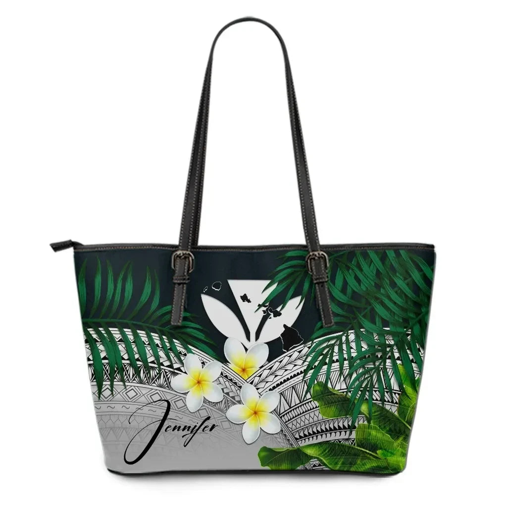 Custom Kanaka Maoli Hawaiian Leather Tote Bag, Polynesian Plumeria Banana Leaves Gray Personal Signature