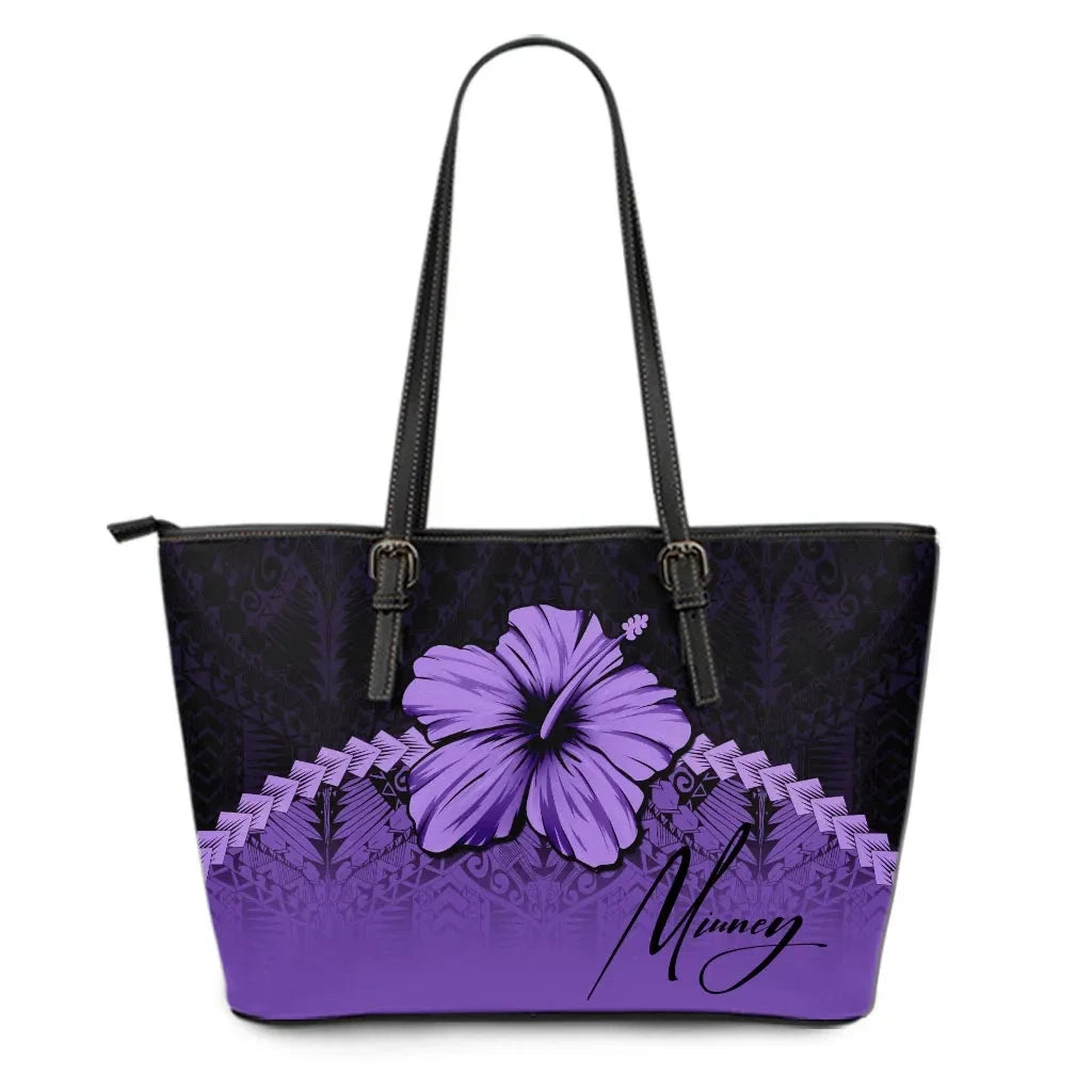 Custom Polynesian Leather Tote Bag Hibiscus Personal Signature Purple