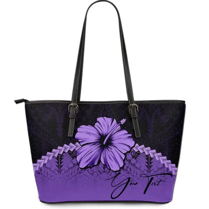 Custom Polynesian Leather Tote Bag Hibiscus Personal Signature Purple