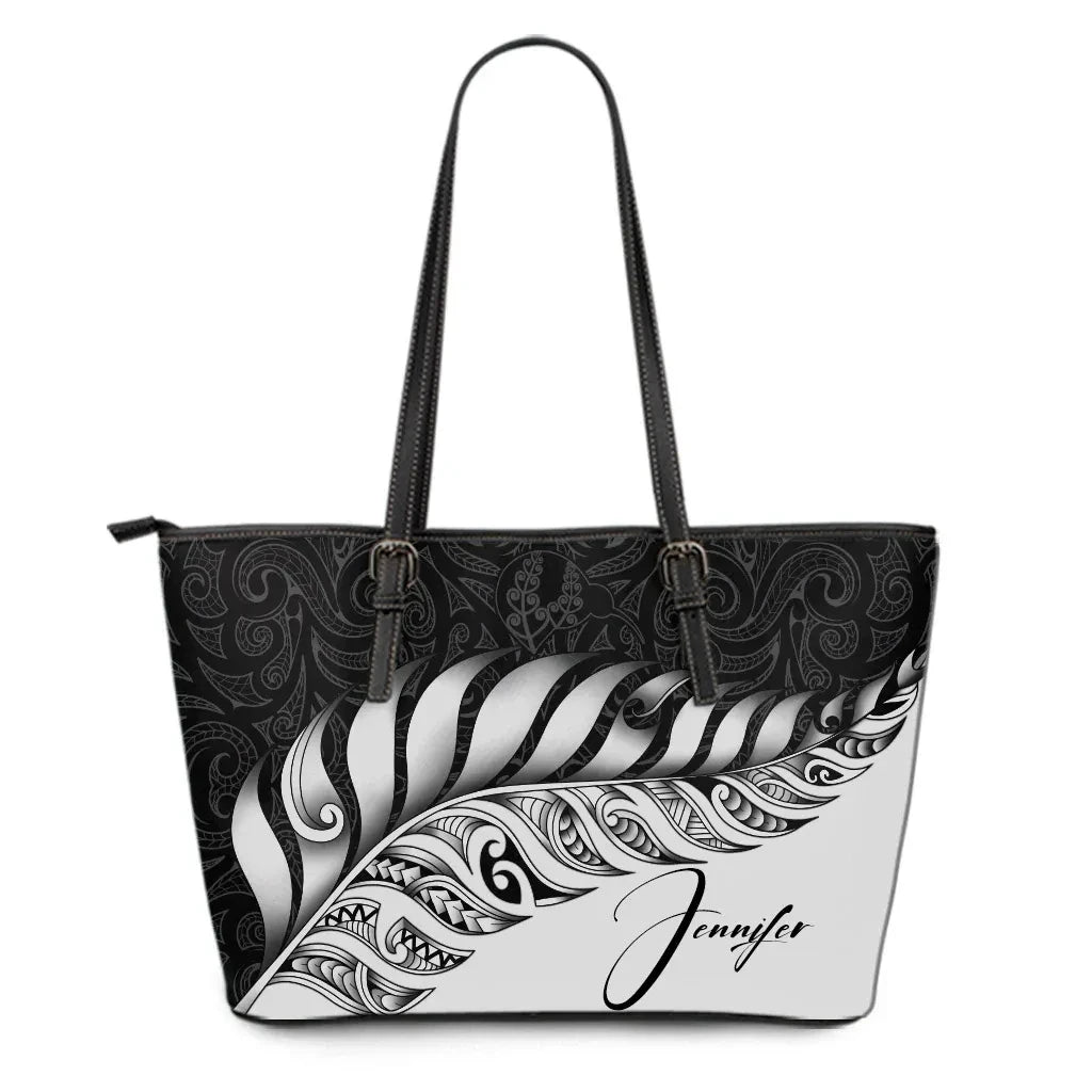 Custom New Zealand Leather Tote Bag Silver Fern Kiwi Personal Signature