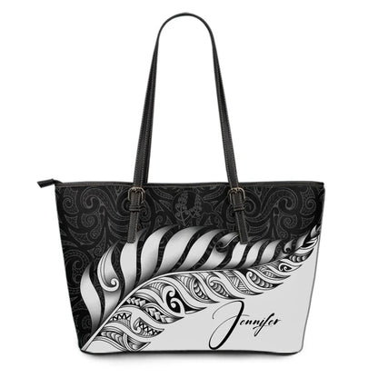 Custom New Zealand Leather Tote Bag Silver Fern Kiwi Personal Signature