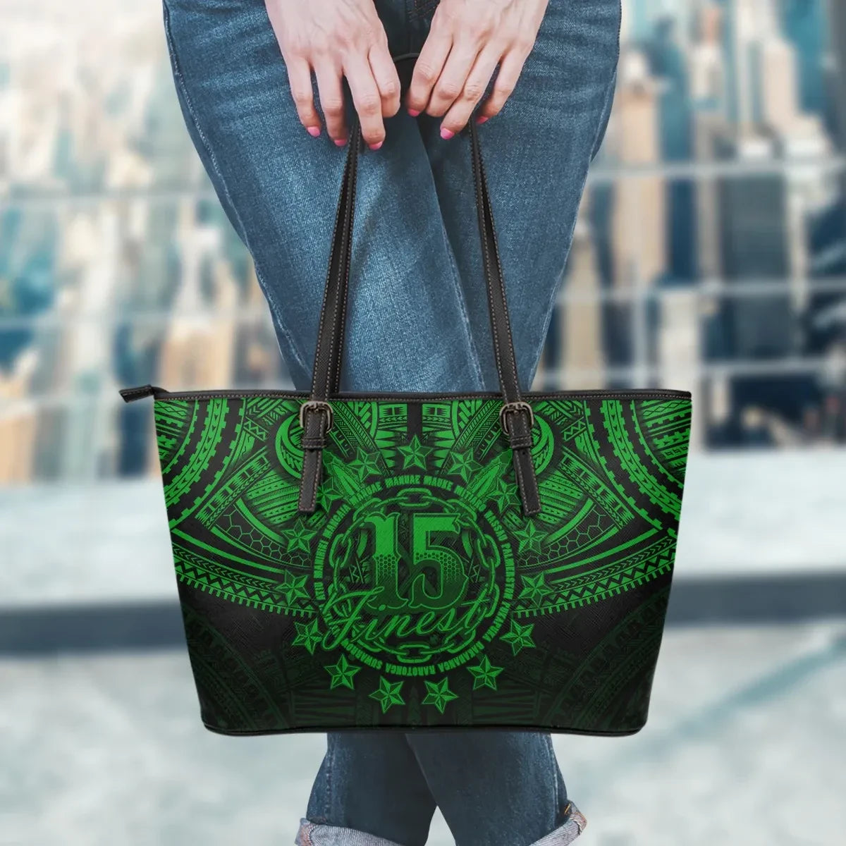 Cook Islands Polynesian Leather Tote Bag Dark Green
