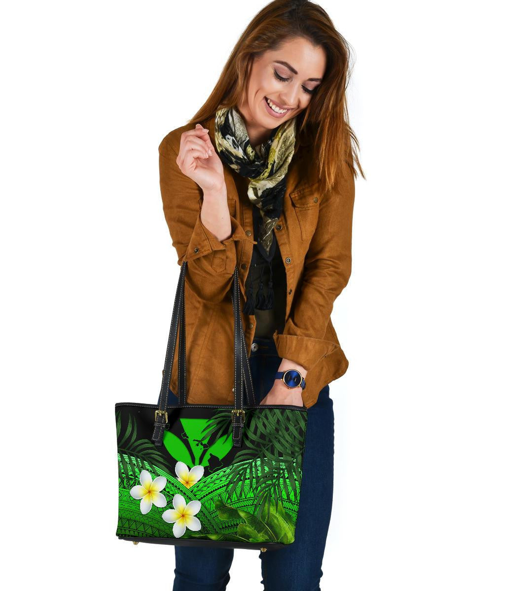 Kanaka Maoli Hawaiian Leather Tote Bag, Polynesian Plumeria Banana Leaves Green
