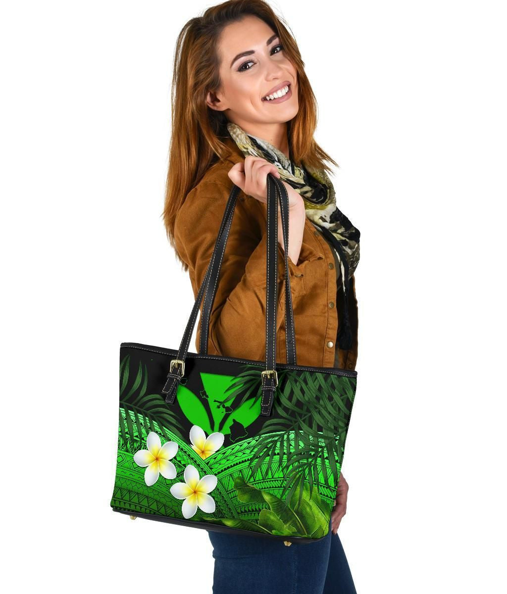 Kanaka Maoli Hawaiian Leather Tote Bag, Polynesian Plumeria Banana Leaves Green