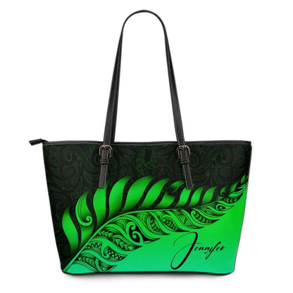 Custom New Zealand Leather Tote Bag Silver Fern Kiwi Personal Signature Green