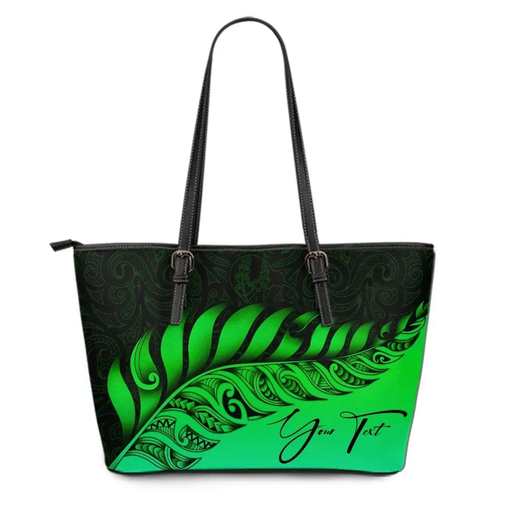 Custom New Zealand Leather Tote Bag Silver Fern Kiwi Personal Signature Green