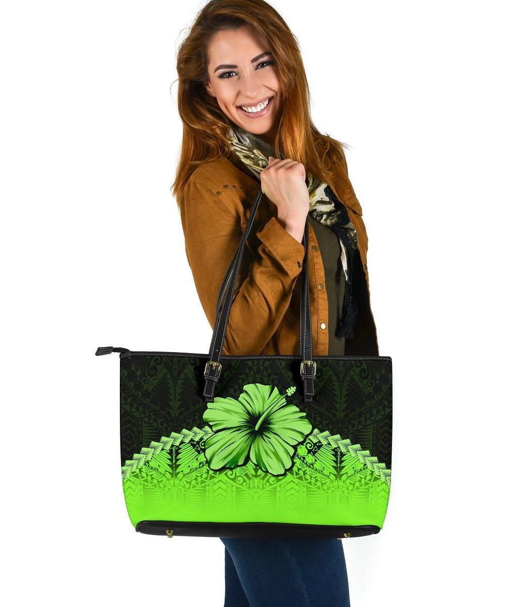 Polynesian Leather Tote Bag Hibiscus Green