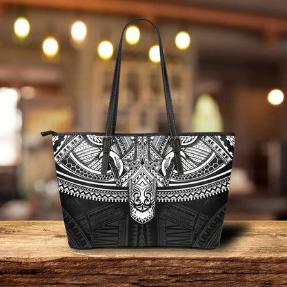 Polynesian Leather Tote Bag Black And White