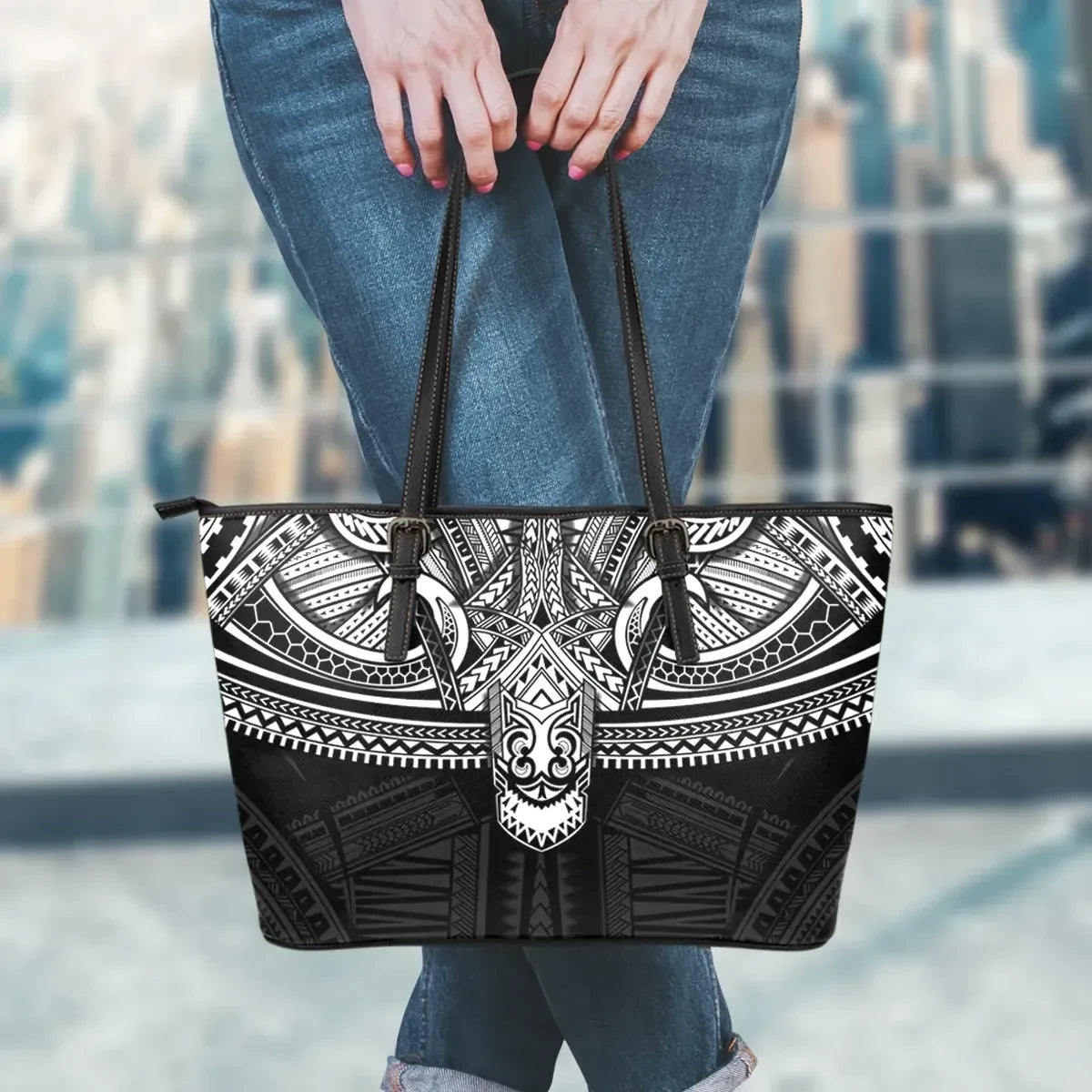 Polynesian Leather Tote Bag Black And White