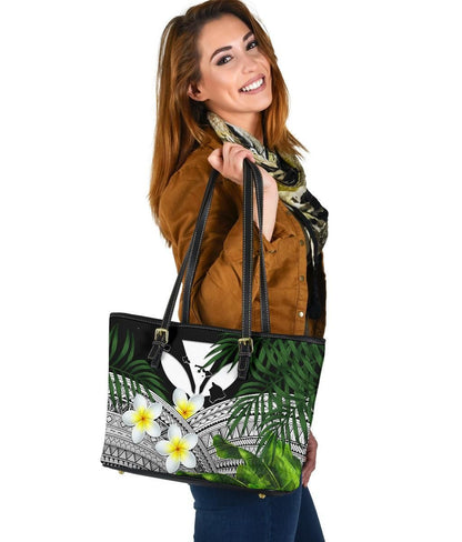 Kanaka Maoli Hawaiian Leather Tote Bag, Polynesian Plumeria Banana Leaves Gray