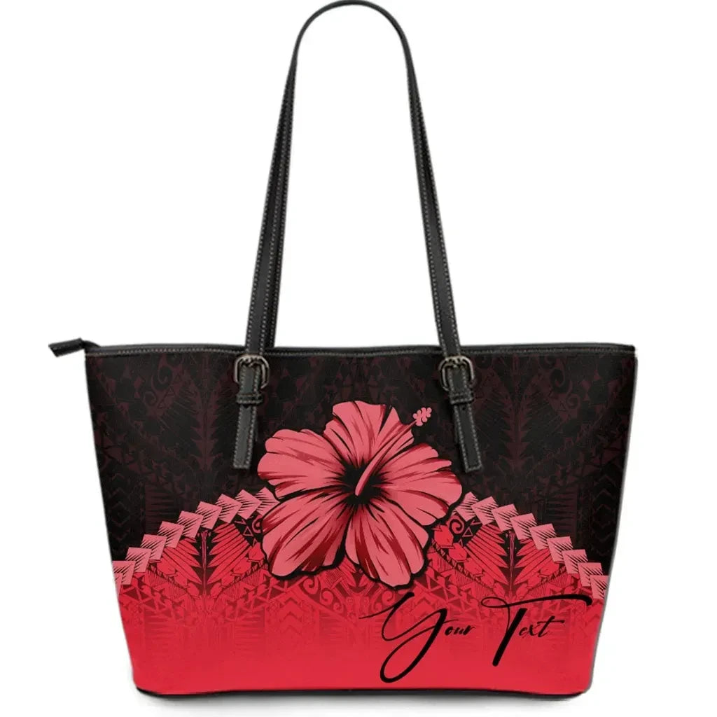 Custom Polynesian Leather Tote Bag Hibiscus Personal Signature Red