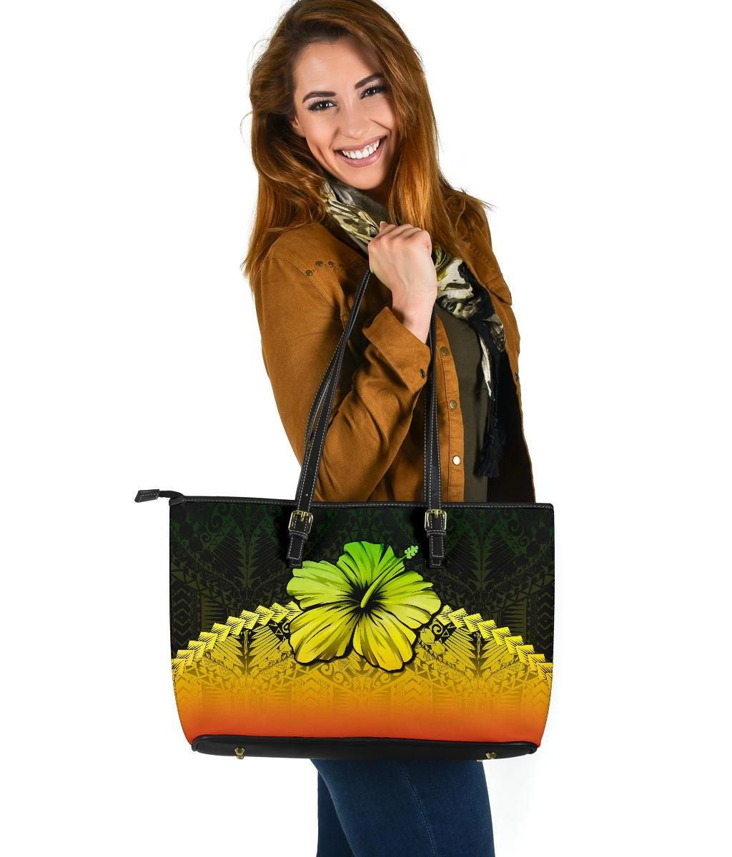 Polynesian Leather Tote Bag Hibiscus Reggae