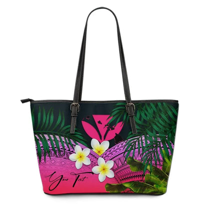 Custom Kanaka Maoli Hawaiian Leather Tote Bag, Polynesian Plumeria Banana Leaves Pink Personal Signature