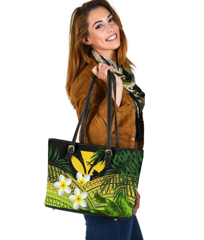 Kanaka Maoli Hawaiian Leather Tote Bag, Polynesian Plumeria Banana Leaves Yellow