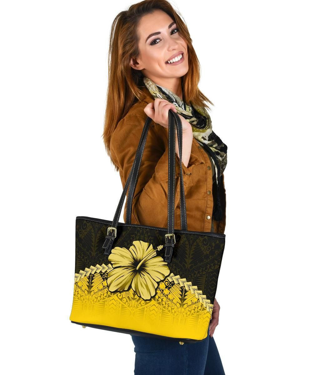Polynesian Leather Tote Bag Hibiscus Yellow