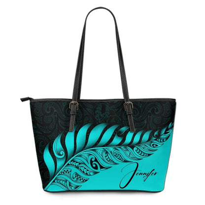 Custom New Zealand Leather Tote Bag Silver Fern Kiwi Personal Signature Turquoise