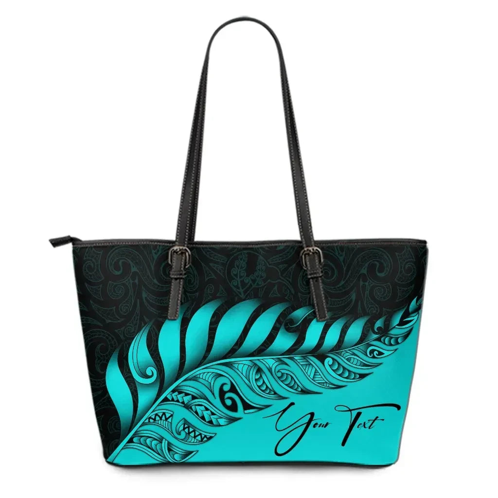 Custom New Zealand Leather Tote Bag Silver Fern Kiwi Personal Signature Turquoise