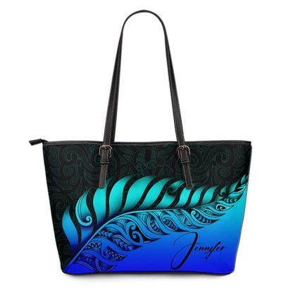 Custom New Zealand Leather Tote Bag Silver Fern Kiwi Personal Signature Blue