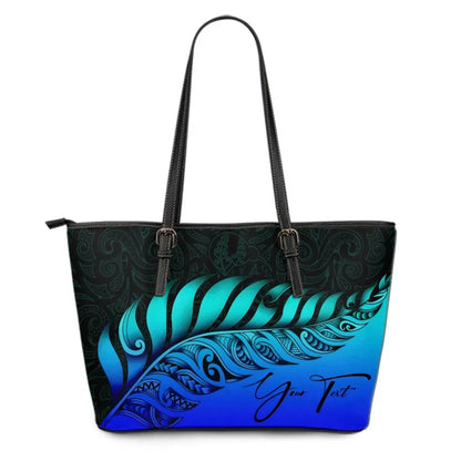 Custom New Zealand Leather Tote Bag Silver Fern Kiwi Personal Signature Blue