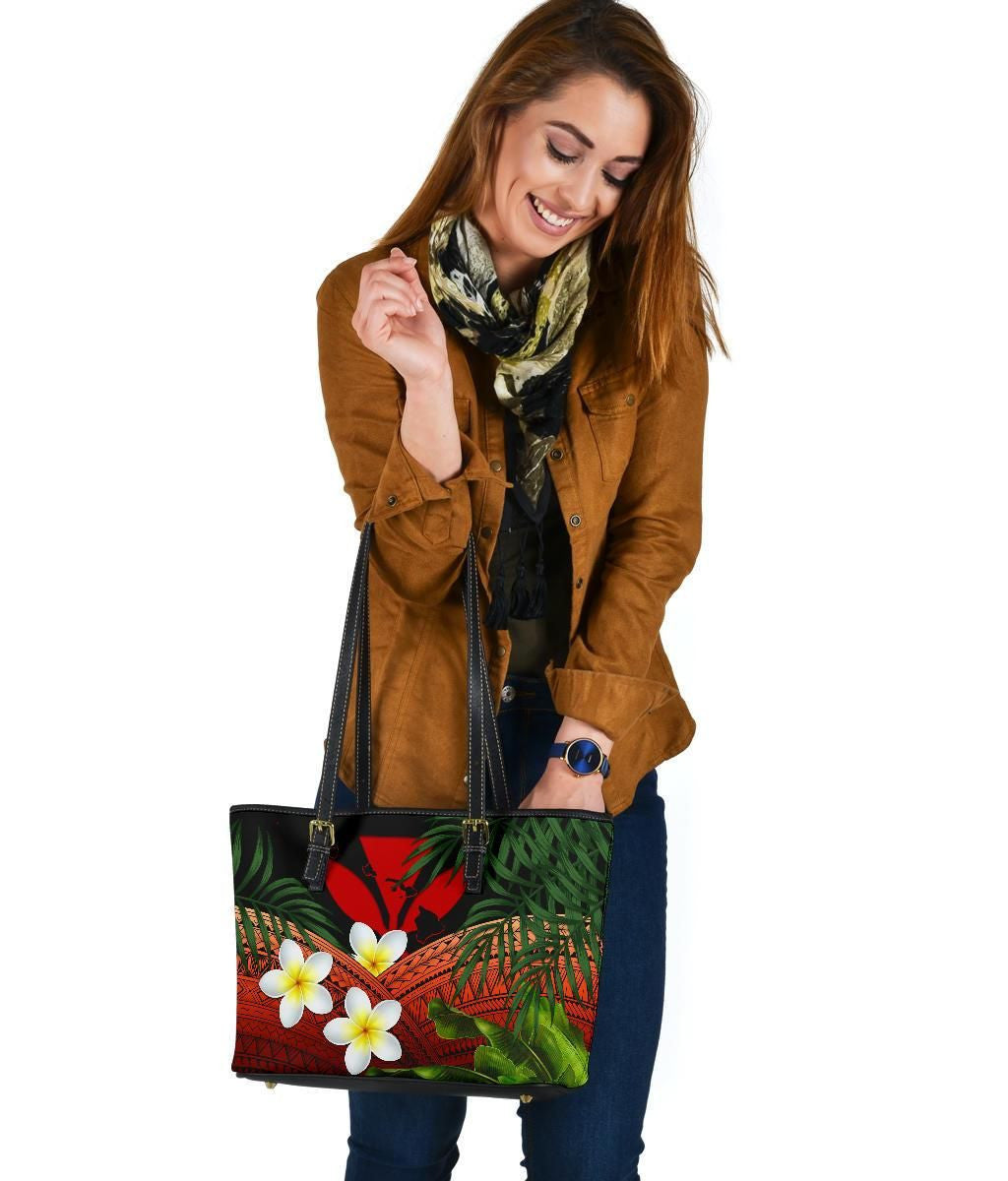 Kanaka Maoli Hawaiian Leather Tote Bag, Polynesian Plumeria Banana Leaves Red