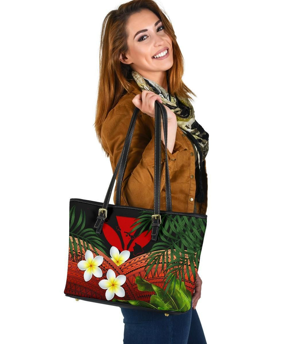 Kanaka Maoli Hawaiian Leather Tote Bag, Polynesian Plumeria Banana Leaves Red