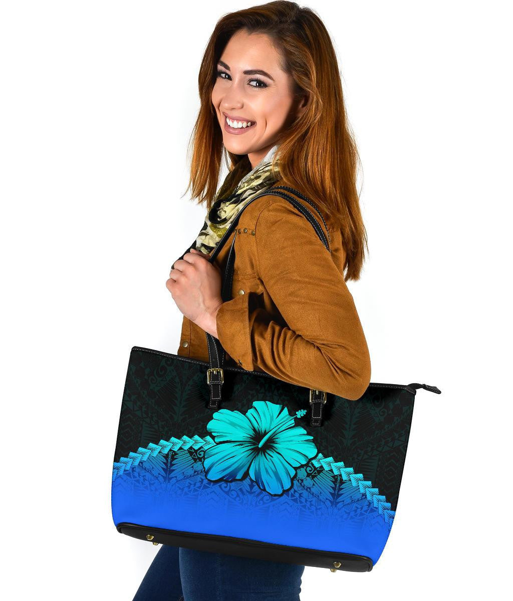 Polynesian Leather Tote Bag Hibiscus Blue