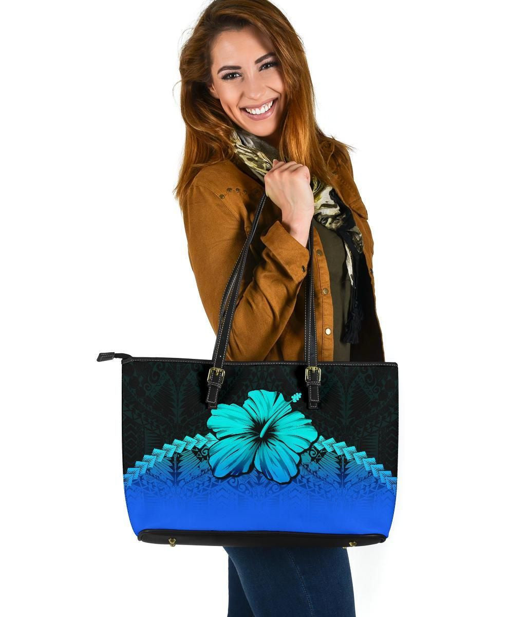 Polynesian Leather Tote Bag Hibiscus Blue