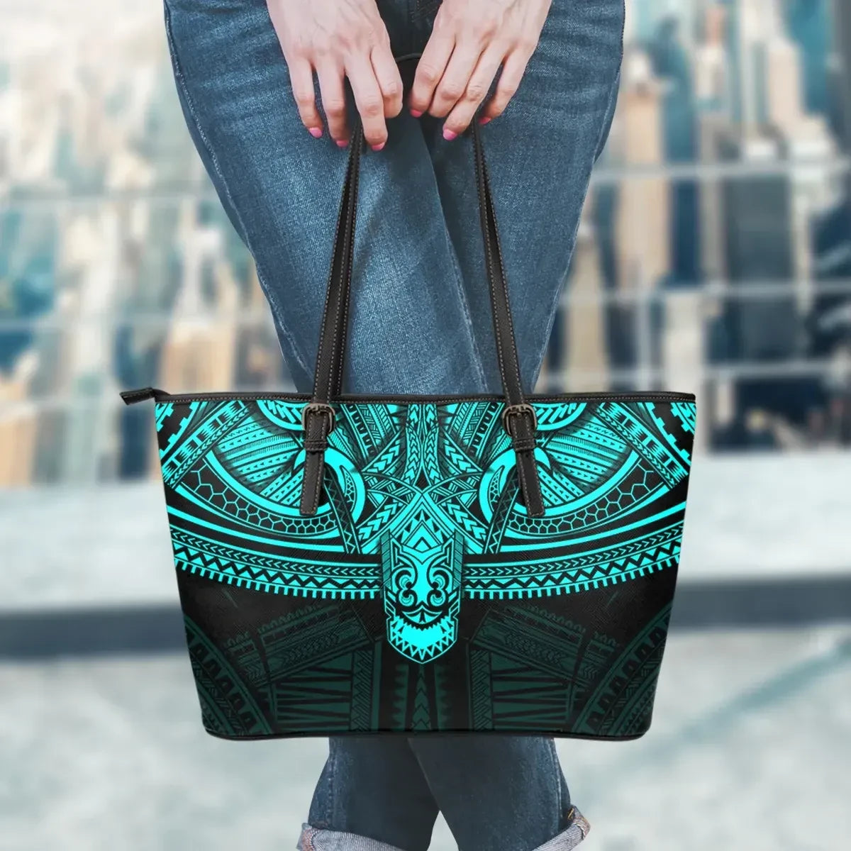 Polynesian Leather Tote Bag Cyan