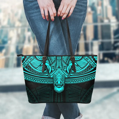 Polynesian Leather Tote Bag Cyan
