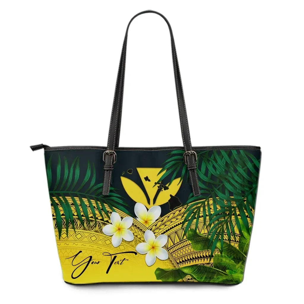Custom Kanaka Maoli Hawaiian Leather Tote Bag, Polynesian Plumeria Banana Leaves Yellow Personal Signature