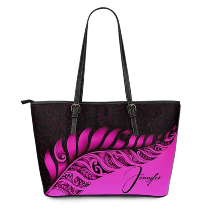 Custom New Zealand Leather Tote Bag Silver Fern Kiwi Personal Signature Pink