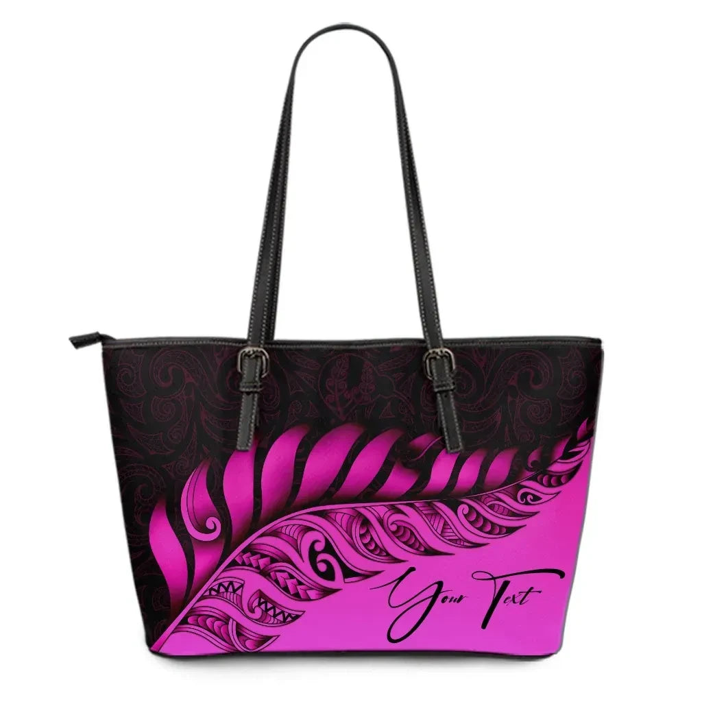 Custom New Zealand Leather Tote Bag Silver Fern Kiwi Personal Signature Pink