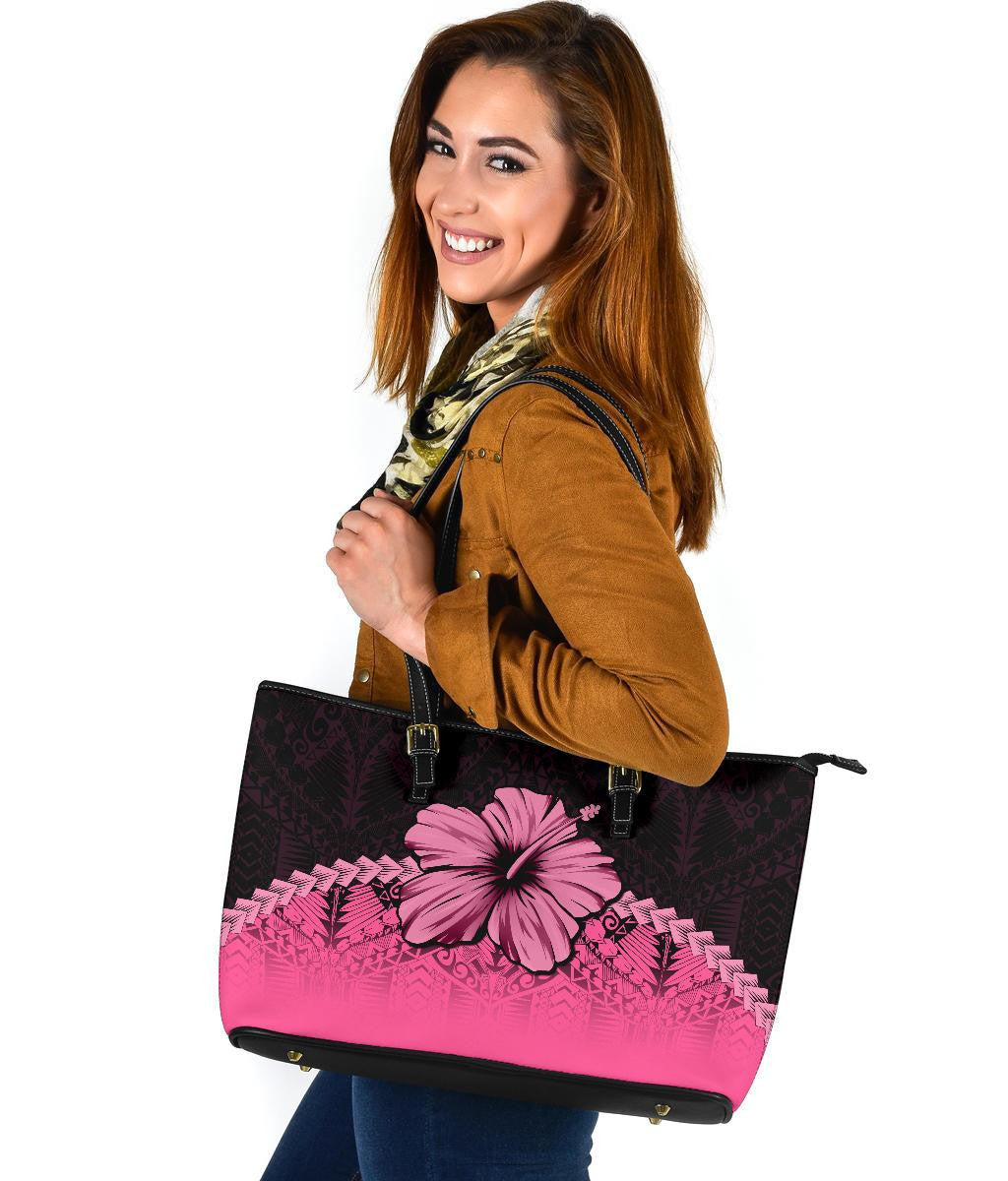 Polynesian Leather Tote Bag Hibiscus Pink