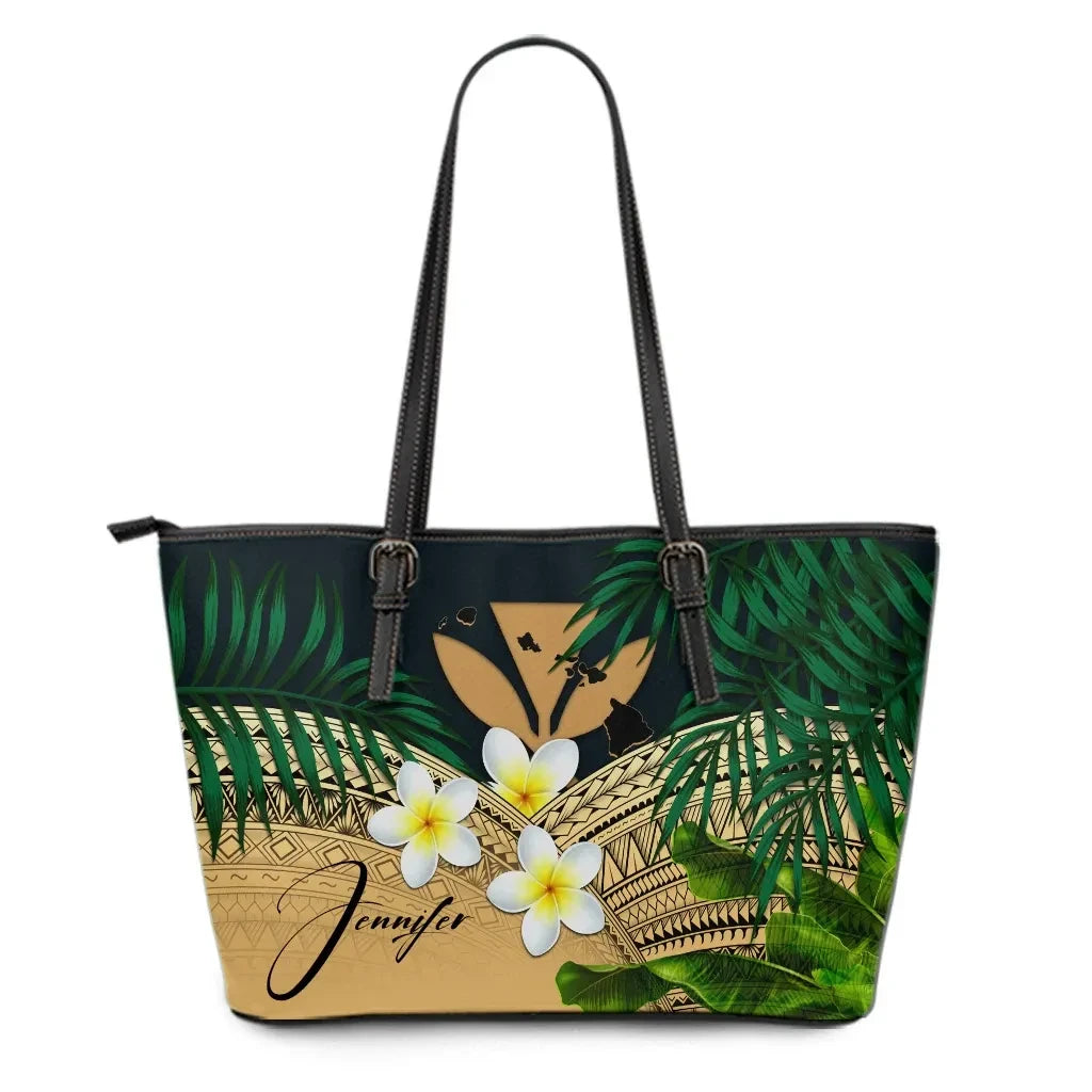 Custom Kanaka Maoli Hawaiian Leather Tote Bag, Polynesian Plumeria Banana Leaves Gold Personal Signature
