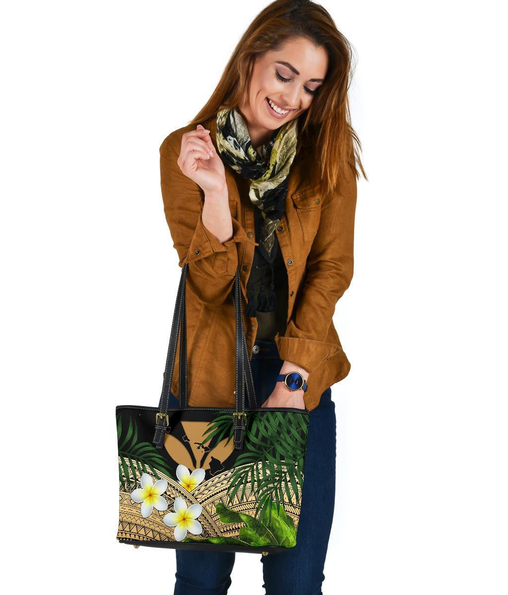 Kanaka Maoli Hawaiian Leather Tote Bag, Polynesian Plumeria Banana Leaves Gold