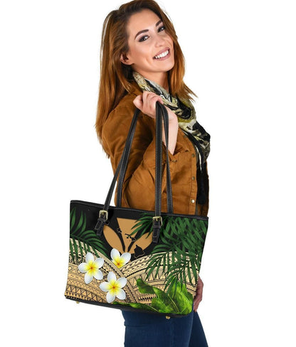 Kanaka Maoli Hawaiian Leather Tote Bag, Polynesian Plumeria Banana Leaves Gold