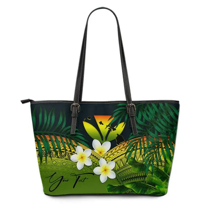 Custom Kanaka Maoli Hawaiian Leather Tote Bag, Polynesian Plumeria Banana Leaves Reggae Personal Signature