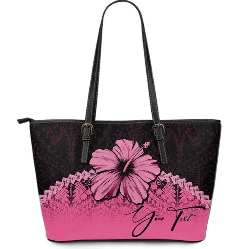 Custom Polynesian Leather Tote Bag Hibiscus Personal Signature Pink