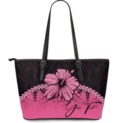 Custom Polynesian Leather Tote Bag Hibiscus Personal Signature Pink