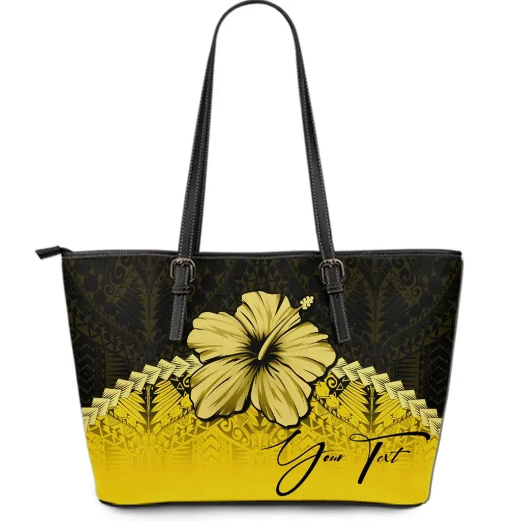 Custom Polynesian Leather Tote Bag Hibiscus Personal Signature Yellow