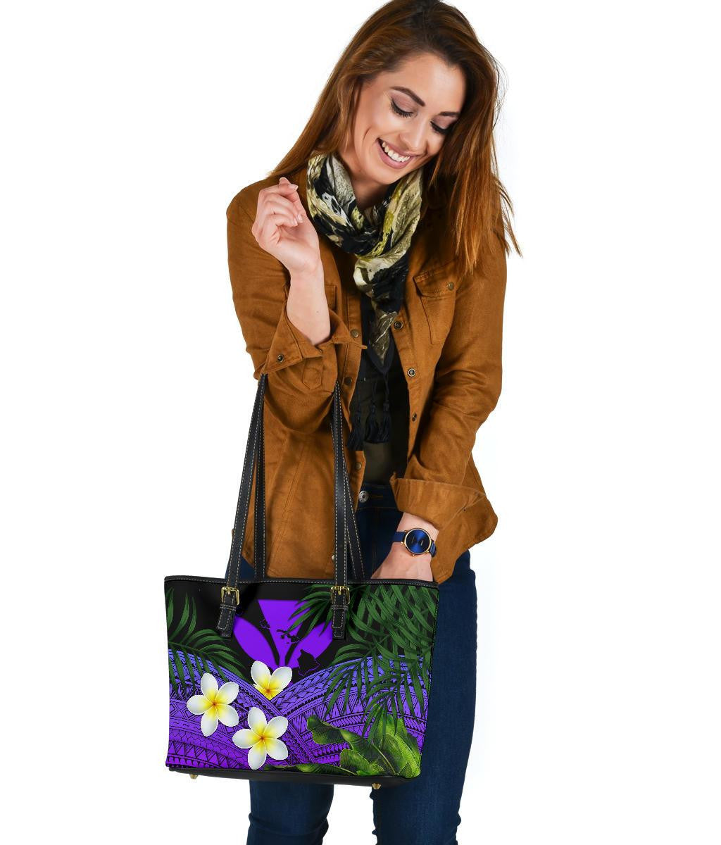 Kanaka Maoli Hawaiian Leather Tote Bag, Polynesian Plumeria Banana Leaves Purple