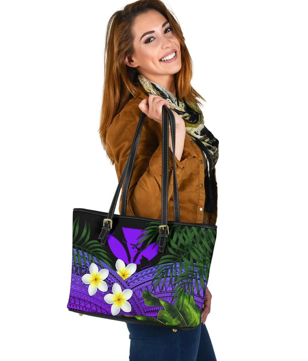 Kanaka Maoli Hawaiian Leather Tote Bag, Polynesian Plumeria Banana Leaves Purple